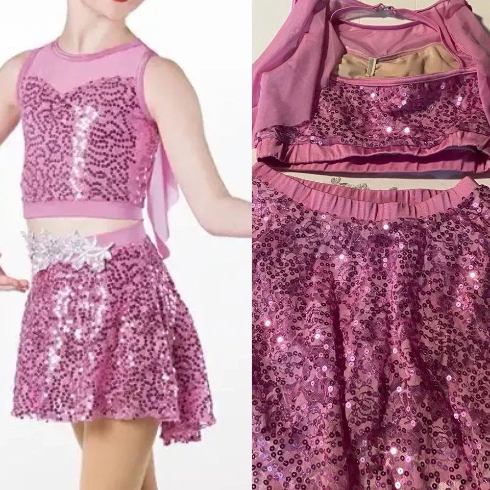 Weissman solo dance costume 2 piece pink lace Hold On To Me 13408 LC-large child